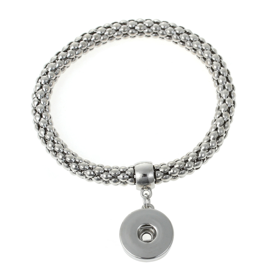Picture of Iron Based Alloy Snap Button Popcorn Chain Elastic Bracelets Fit 18mm/20mm Snap Buttons Silver Tone 22cm(8 5/8") long, Hole Size: 6.0mm( 2/8"), 1 Piece