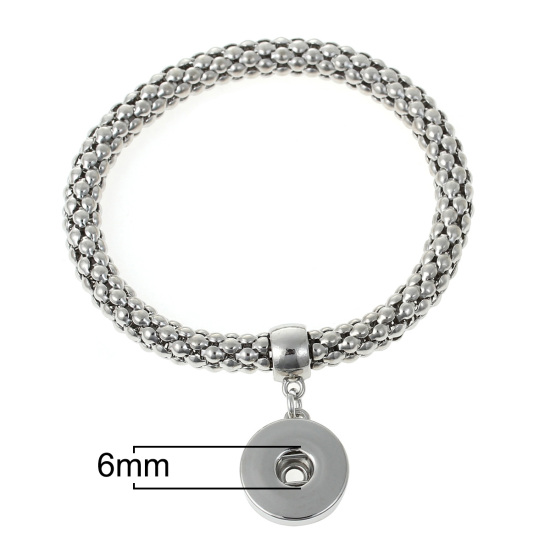 Picture of Iron Based Alloy Snap Button Popcorn Chain Elastic Bracelets Fit 18mm/20mm Snap Buttons Silver Tone 22cm(8 5/8") long, Hole Size: 6.0mm( 2/8"), 1 Piece