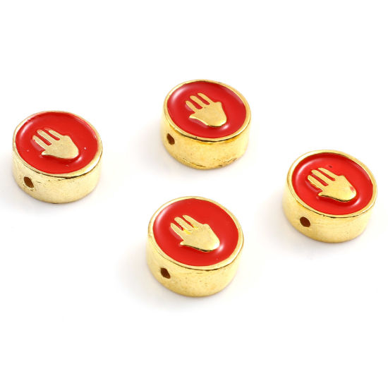 Immagine di Lega di Zinco Religione Perline Tondo Piatto Oro Placcato Rosso Mano Simbolo di Hamsa Scolpisce Smalto Circa 10mm Dia, Foro:Circa 1.3mm, 10 Pz