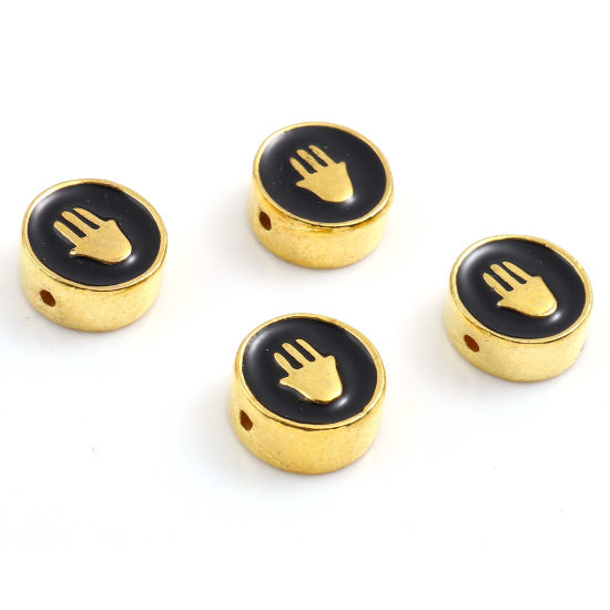 Immagine di Lega di Zinco Religione Perline Tondo Piatto Oro Placcato Nero Mano Simbolo di Hamsa Scolpisce Smalto Circa 10mm Dia, Foro:Circa 1.3mm, 10 Pz