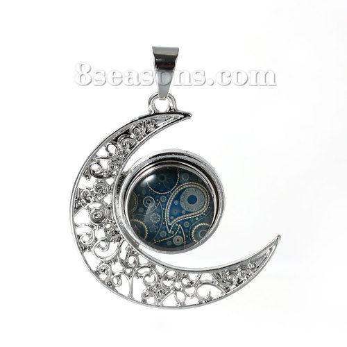 Picture of Zinc Based Alloy Snap Button Pendants Fit 18mm/20mm Snap Buttons Half Moon Silver Tone Hollow Carved 56mm(2 2/8") x 44mm(1 6/8"), Hole Size: 6mm( 2/8"), 2 PCs