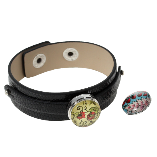Picture of Polyurethane Snap Button Buckle Wristbands Adjustable Bracelets Fit 18mm/20mm Snap Buttons Black Silver Tone Snake Skin Print 20.5cm(8 1/8") long, Hole Size: 6.0mm( 2/8"), 1 Piece

