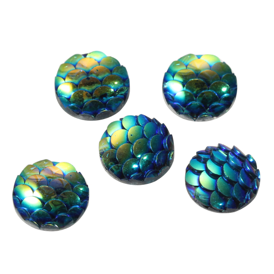Picture of Resin Mermaid Fish /Dragon Scale Dome Seals Cabochon Round Blue AB Color 10mm( 3/8") Dia, 10 PCs
