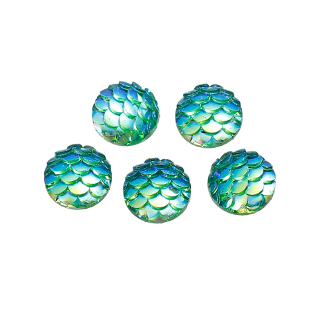 Picture of Resin Mermaid Fish /Dragon Scale Dome Seals Cabochon Round Green AB Color 10mm( 3/8") Dia, 10 PCs