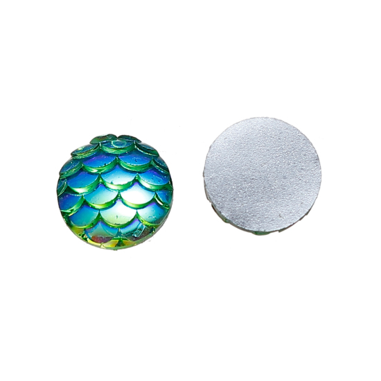 Picture of Resin Mermaid Fish /Dragon Scale Dome Seals Cabochon Round Green AB Color 10mm( 3/8") Dia, 10 PCs