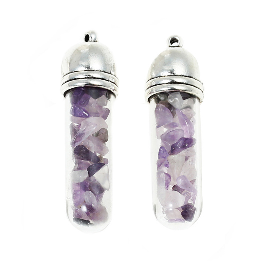 Picture of February Birthstone - (Grade B) Amethyst (Natural) Druzy /Drusy Gemstone Glass Bottle Pendants Antique Silver Color Purple 4.9cm x1.4cm(1 7/8" x 4/8") - 4.7cm x1.3cm(1 7/8" x 4/8"), 1 Piece
