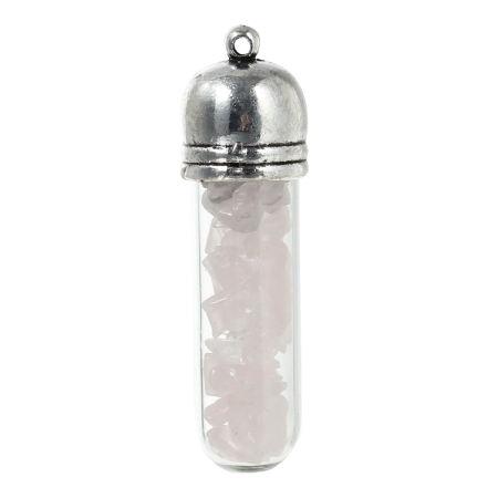 Image de (Classement B) Druzy Pendentifs en Quartz Rose ( Naturel) Forme Bouteille Argent Vieilli Rose Clair 49mm x 14mm, 1 Pièce