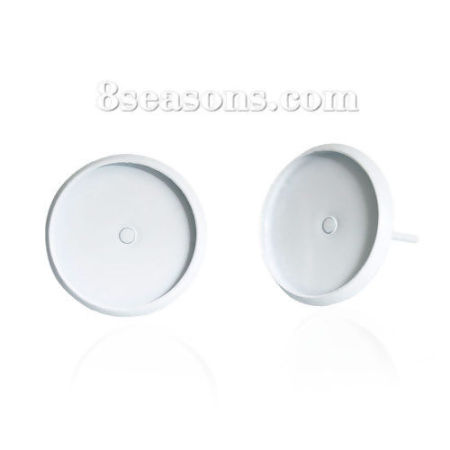 Brass Ear Post Stud Earrings Cabochon Settings Round White Painting (Fits 12mm Dia) 14mm x14mm( 4/8" x 4/8") - 14mm x13mm( 4/8" x 4/8"), Post/ Wire Size: (21 gauge), 10 PCs