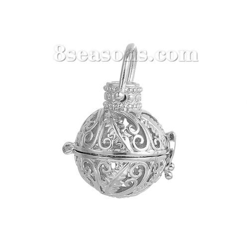 Picture of Copper Mexican Angel Caller Bola Harmony Ball Wish Box Pendants Round Silver Tone Leaf Hollow Carved Cabochon Settings (Fit 6mm Dia.) Can Open (Fit Bead Size: 16mm) 33mm(1 2/8") x 26mm(1"), 1 Piece