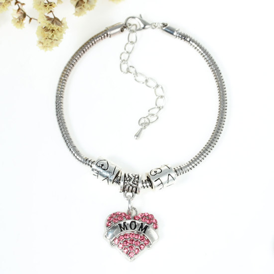 Picture of European Style Snake Chain Charm Bracelets Heart Antique Silver Message " NANA" & "Love" Carved Pink Rhinestone 19.5cm(7 5/8") long, 1 Piece