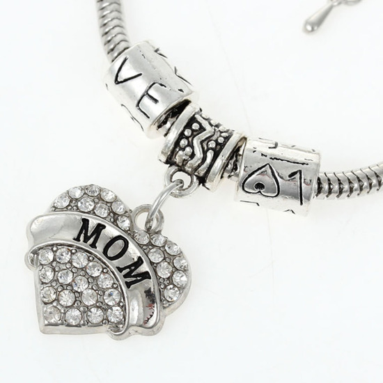 Picture of European Style Snake Chain Charm Bracelets Heart Antique Silver Color Message "Mom" & "Love" Carved Clear Rhinestone 19.5cm long, 1 Piece