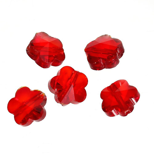 Bild von Glas Perlen Pflaumenblüte Rot Transparent Facettiert ca. 10mm x 10mm, Loch: 1.1mm, 20 Stücke