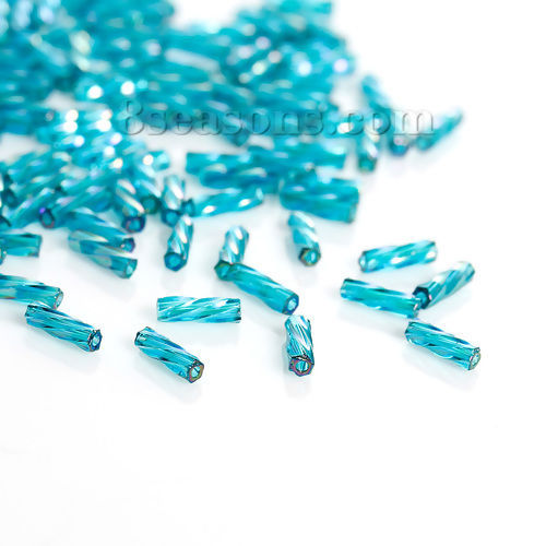 Bild von Japanisch Glas Twisted Bugles Rocailles Perlen Malachitblau 6mm x 2mm, Loch: 0.8mm, 10 Gramm (ca. 40 Stücke/Gramm)