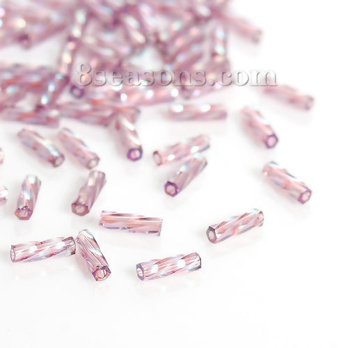 Picture of (Japan Import) Glass Seed Beads Twisted Bugle Purple AB Color About 6mm x 2mm, Hole: Approx 0.8mm, 10 Grams (Approx 40 PCs/Gram)
