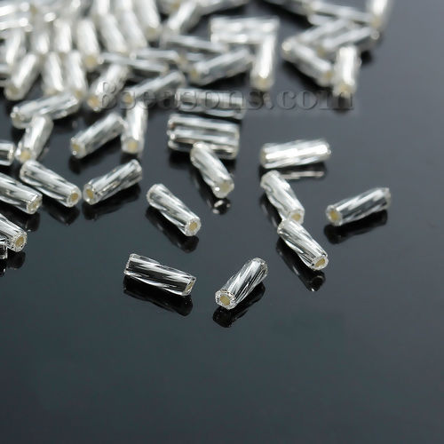 Picture of (Japan Import) Glass Seed Beads Twisted Bugle Silvery white Silver Lined About 6mm x 2mm, Hole: Approx 0.8mm, 10 Grams (Approx 40 PCs/Gram)