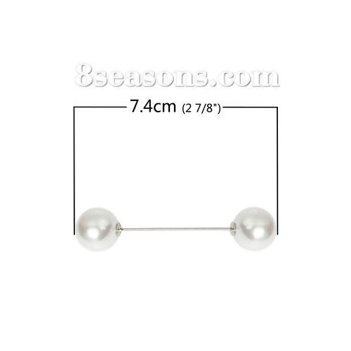 Picture of 2 PCs Brass Classic Pin Brooches Silver Tone White Acrylic Imitation Pearl 74mm x 16mm