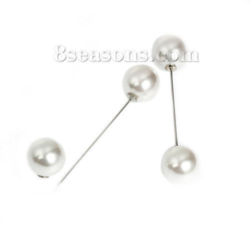 Picture of 2 PCs Brass Classic Pin Brooches Silver Tone White Acrylic Imitation Pearl 74mm x 16mm