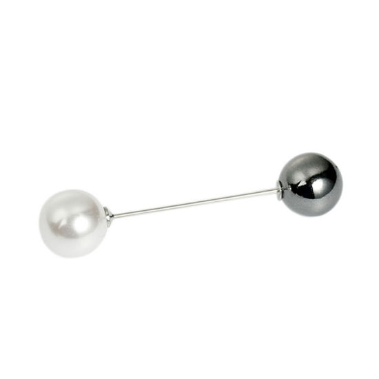 Picture of 2 PCs Brass Classic Pin Brooches Silver Tone White Acrylic Imitation Pearl 74mm x 16mm
