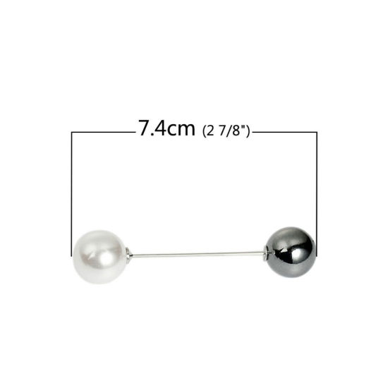 Picture of 2 PCs Brass Classic Pin Brooches Silver Tone White Acrylic Imitation Pearl 74mm x 16mm