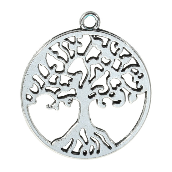 Picture of Zinc Based Alloy Charms Pendants Round Antique Silver Color Tree Carved Hollow 29mm(1 1/8") x 25mm(1"), 30 PCs