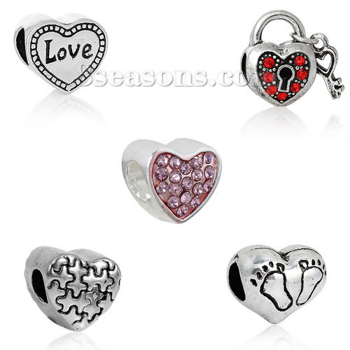Picture of Zinc Based Alloy European Style Large Hole Charm Beads Heart Mixed 5 Styles Antique Silver Message Carved About 15mm x11mm( 5/8" x 3/8") - 11mm x10mm( 3/8" x 3/8"), Hole: Approx 5mm( 2/8") - 4.5mm( 1/8"), 1 Set