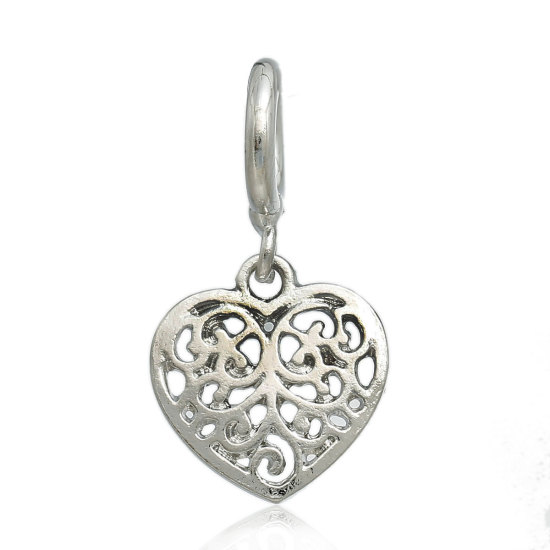 Immagine di Lega di Zinco Charm Ciondoli Cuore Tono Argento Modello Scolpito Filigrana 29mm x 16mm , 1 Pz