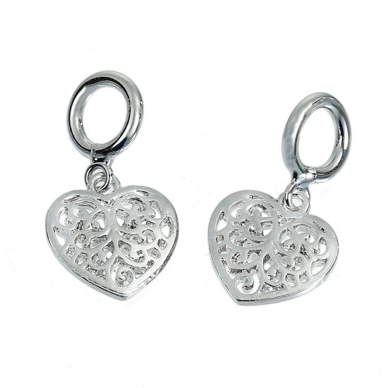 Immagine di Lega di Zinco Charm Ciondoli Cuore Tono Argento Modello Scolpito Filigrana 29mm x 16mm , 1 Pz