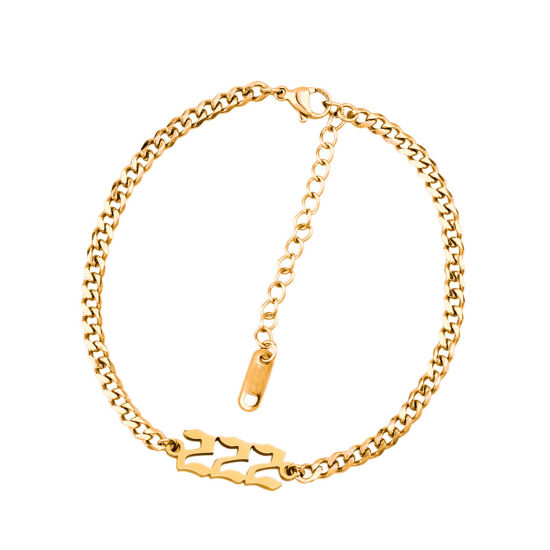 Picture of 1 Piece Stylish Simple Gold Plated Stainless Steel Curb Link Chain Angel Number Message " 222 " Bracelets For Women 20.5cm(8 1/8") - 20cm(7 7/8") long