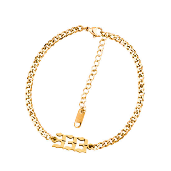 Picture of 1 Piece Stylish Simple Gold Plated Stainless Steel Curb Link Chain Angel Number Message " 333 " Bracelets For Women 20.5cm(8 1/8") - 20cm(7 7/8") long
