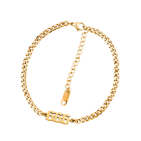 Picture of 1 Piece Stylish Simple Gold Plated Stainless Steel Curb Link Chain Angel Number Message " 666 " Bracelets For Women 20.5cm(8 1/8") - 20cm(7 7/8") long