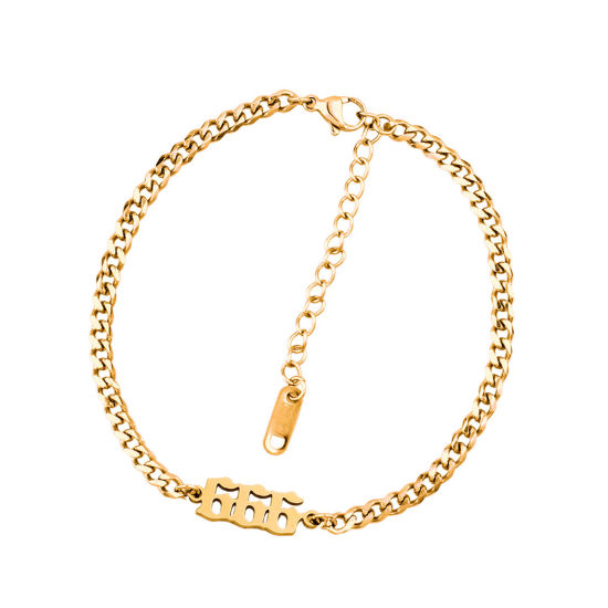 Picture of 1 Piece Stylish Simple Gold Plated Stainless Steel Curb Link Chain Angel Number Message " 666 " Bracelets For Women 20.5cm(8 1/8") - 20cm(7 7/8") long