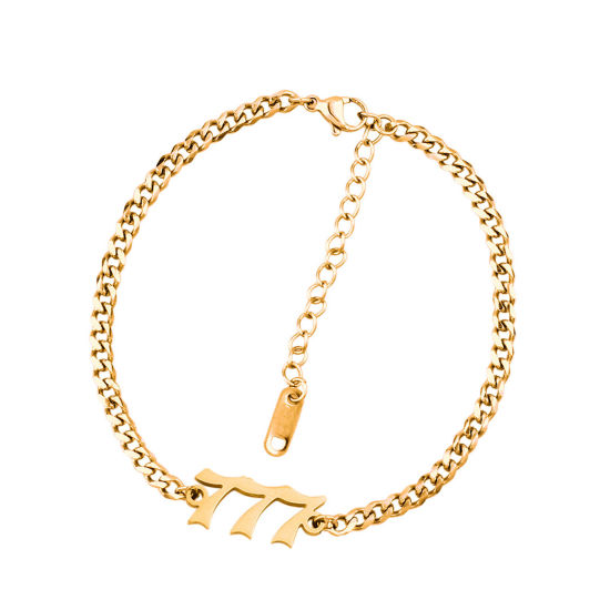 Picture of 1 Piece Stylish Simple Gold Plated Stainless Steel Curb Link Chain Angel Number Message " 777 " Bracelets For Women 20.5cm(8 1/8") - 20cm(7 7/8") long