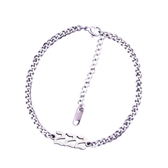 Picture of 1 Piece Stylish Simple Silver Tone Stainless Steel Curb Link Chain Angel Number Message " 222 " Bracelets For Women 20.5cm(8 1/8") - 20cm(7 7/8") long