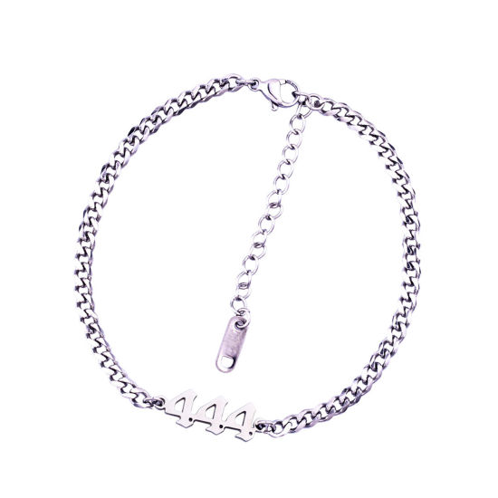 Picture of 1 Piece Stylish Simple Silver Tone Stainless Steel Curb Link Chain Angel Number Message " 444 " Bracelets For Women 20.5cm(8 1/8") - 20cm(7 7/8") long