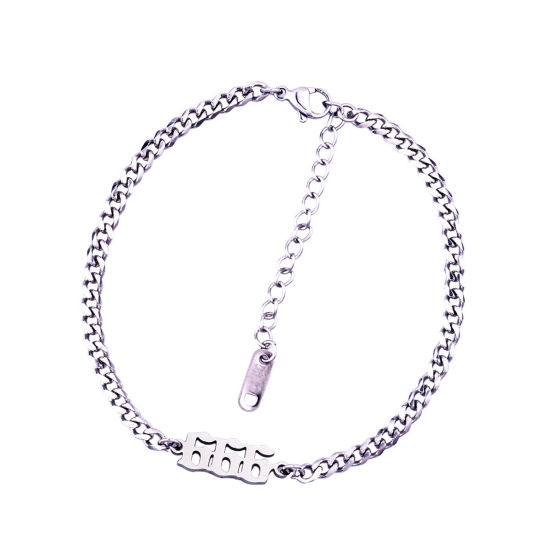 Picture of 1 Piece Stylish Simple Silver Tone Stainless Steel Curb Link Chain Angel Number Message " 666 " Bracelets For Women 20.5cm(8 1/8") - 20cm(7 7/8") long