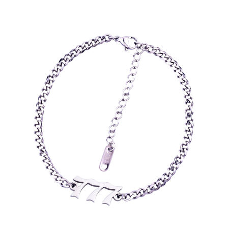 Picture of 1 Piece Stylish Simple Silver Tone Stainless Steel Curb Link Chain Angel Number Message " 777 " Bracelets For Women 20.5cm(8 1/8") - 20cm(7 7/8") long