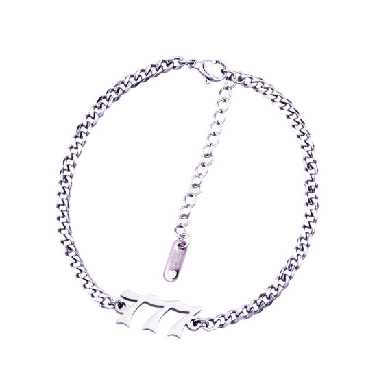 Picture of 1 Piece Stylish Simple Silver Tone Stainless Steel Curb Link Chain Angel Number Message " 777 " Bracelets For Women 20.5cm(8 1/8") - 20cm(7 7/8") long
