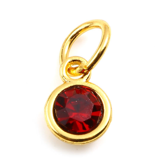 Picture of Zinc Based Alloy & Glass Birthstone Charms Round Gold Plated Wine Red January 15mm x 7mm, 10 PCs