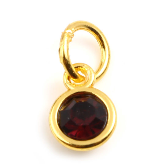 Picture of Zinc Based Alloy & Glass Birthstone Charms Round Gold Plated Fuchsia February 15mm x 7mm, 10 PCs