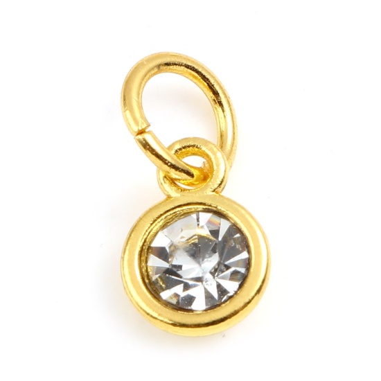 Picture of Zinc Based Alloy & Glass Birthstone Charms Round Gold Plated Transparent Clear April 15mm x 7mm, 10 PCs