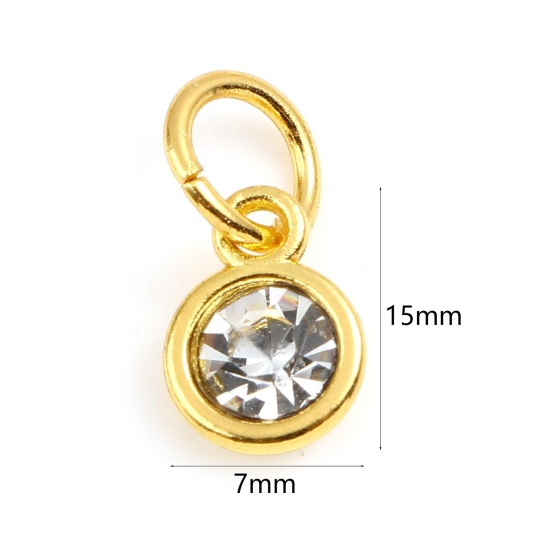 Picture of Zinc Based Alloy & Glass Birthstone Charms Round Gold Plated Transparent Clear April 15mm x 7mm, 10 PCs