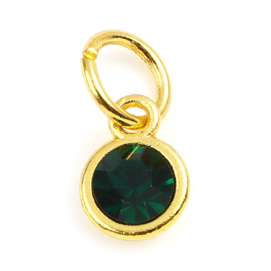 Picture of Zinc Based Alloy & Glass Birthstone Charms Round Gold Plated Dark Green May 15mm x 7mm, 10 PCs