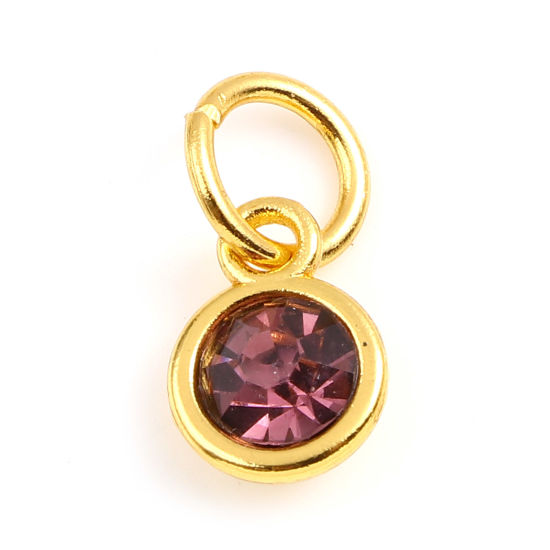 Picture of Zinc Based Alloy & Glass Birthstone Charms Round Gold Plated Mauve June 15mm x 7mm, 10 PCs