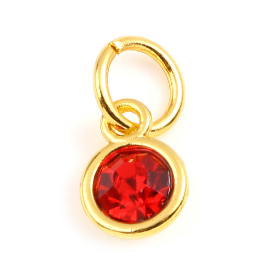 Picture of Zinc Based Alloy & Glass Birthstone Charms Round Gold Plated Red July 15mm x 7mm, 10 PCs