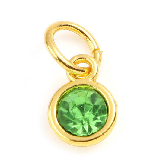 Picture of Zinc Based Alloy & Glass Birthstone Charms Round Gold Plated Green August 15mm x 7mm, 10 PCs