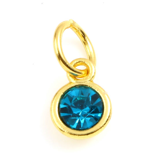 Picture of Zinc Based Alloy & Glass Birthstone Charms Round Gold Plated Lake Blue December 15mm x 7mm, 10 PCs