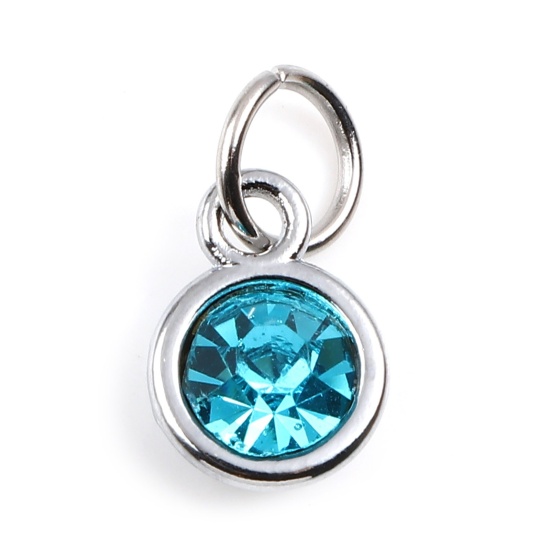 Image de Breloques Pierres de Naissance en Alliage de zinc+Verre Rond Argent Mat Bleu Lac Clair mars 14mm x 7mm, 10 Pcs