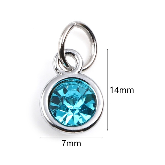 Image de Breloques Pierres de Naissance en Alliage de zinc+Verre Rond Argent Mat Bleu Lac Clair mars 14mm x 7mm, 10 Pcs