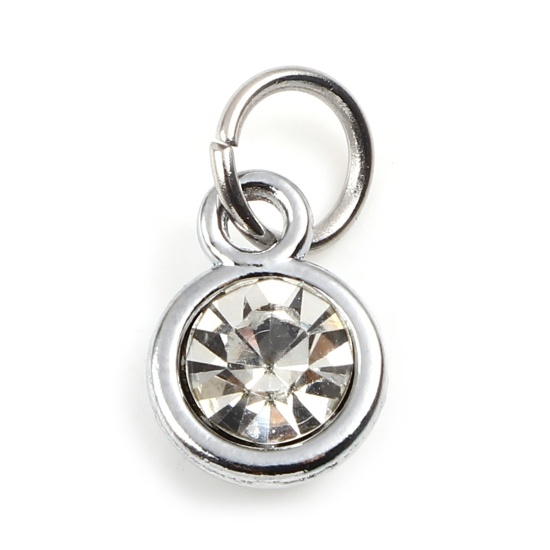 Image de Breloques Pierres de Naissance en Alliage de zinc+Verre Rond Argent Mat Transparent avril 14mm x 7mm, 10 Pcs