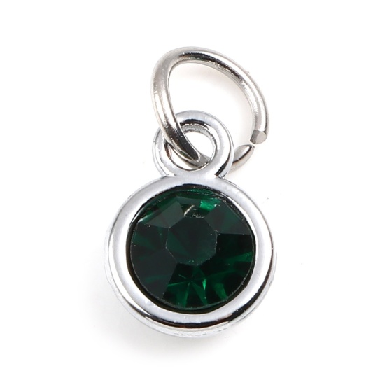 Image de Breloques Pierres de Naissance en Alliage de zinc+Verre Rond Argent Mat Vert Foncé mai 14mm x 7mm, 10 Pcs